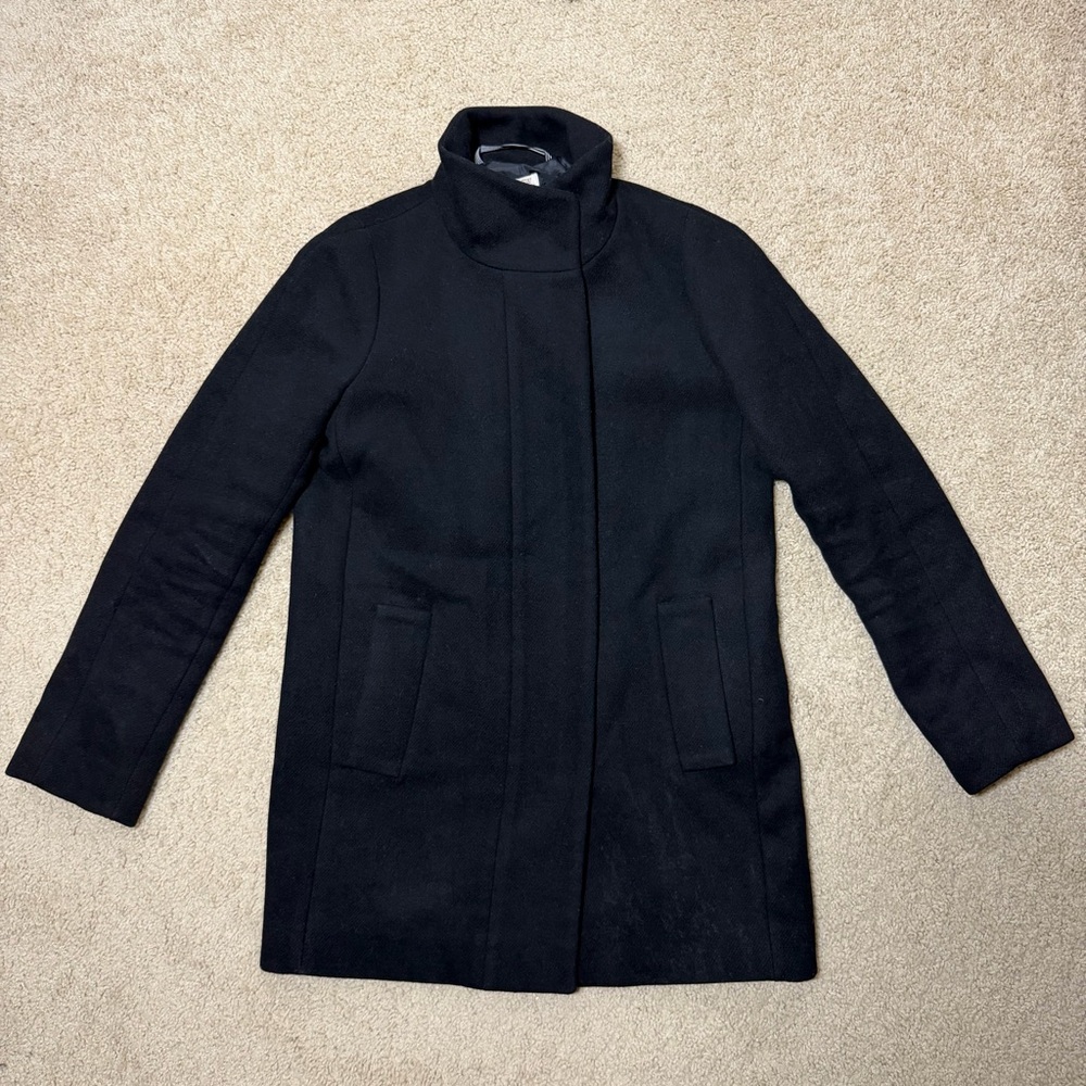 J. Crew City Wool Black Coat Size 0 Minimalist Neutral Office Warm Comfy Basic